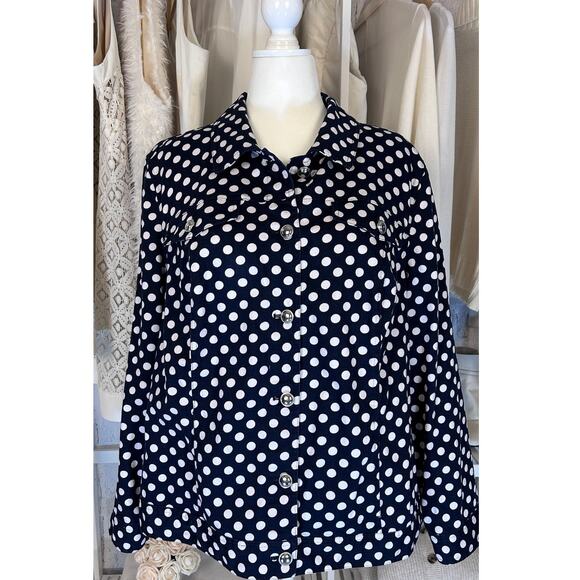 CJ Banks Women's Size 2X Navy & White Polka Dot Button Up Denim Jacket #0167 - Picture 1 of 8